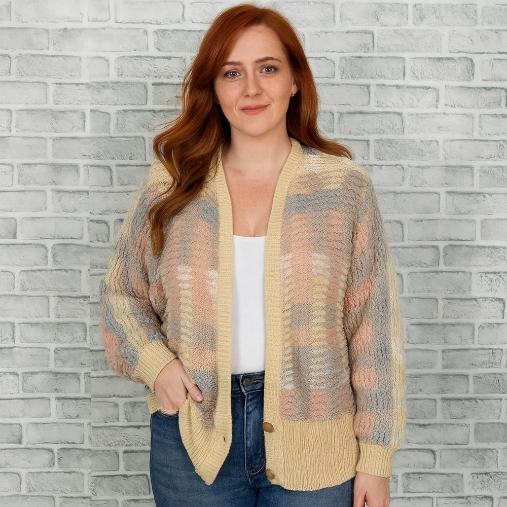 Vintage 80s Lindsay‎ Scott Pastel Striped Acrylic Cardigan Sweater L Hong Kong